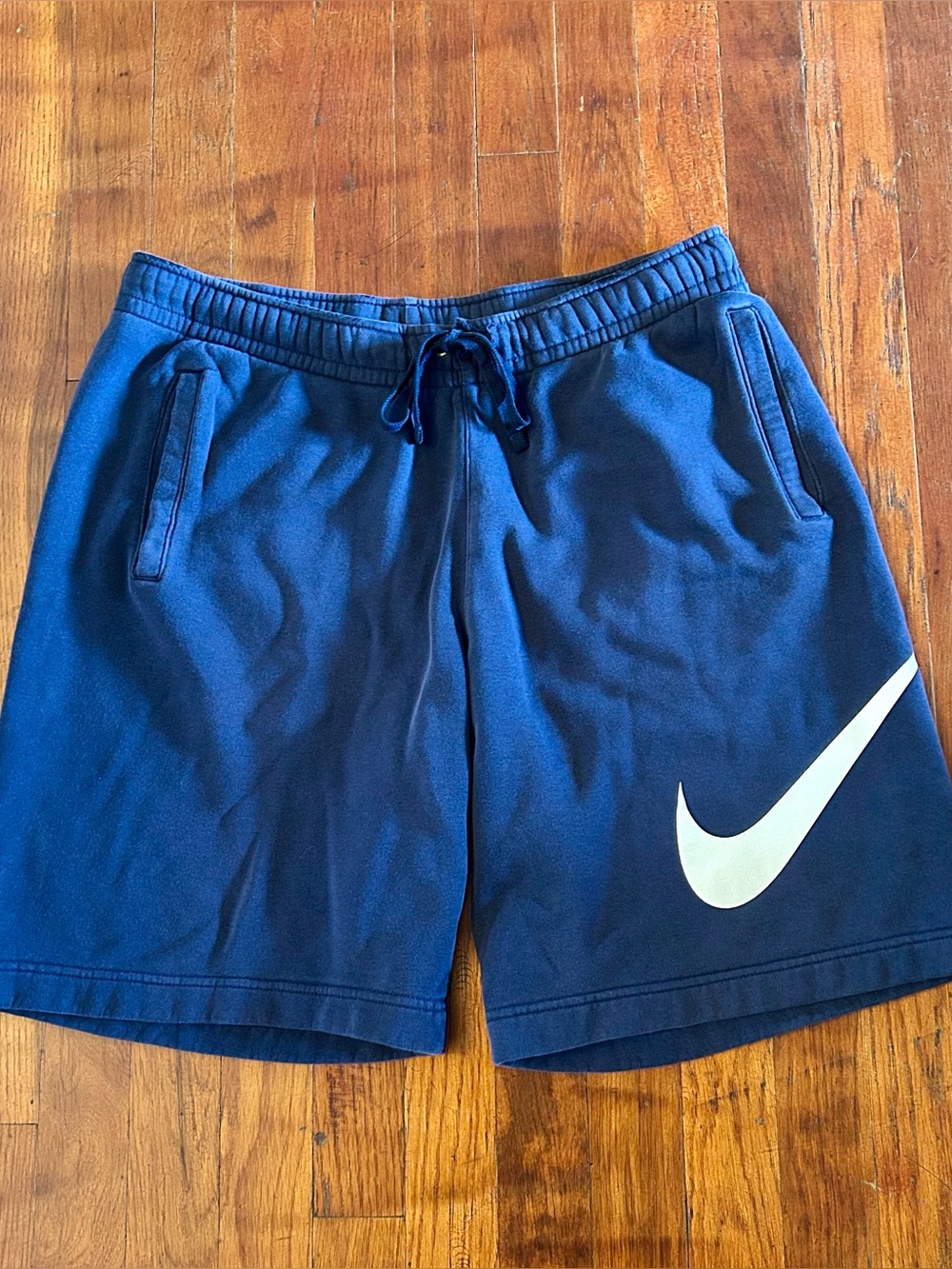 Vintage Y2K Nike Swoosh Logo Drawstring Navy Blue 9in Sweat Shorts L